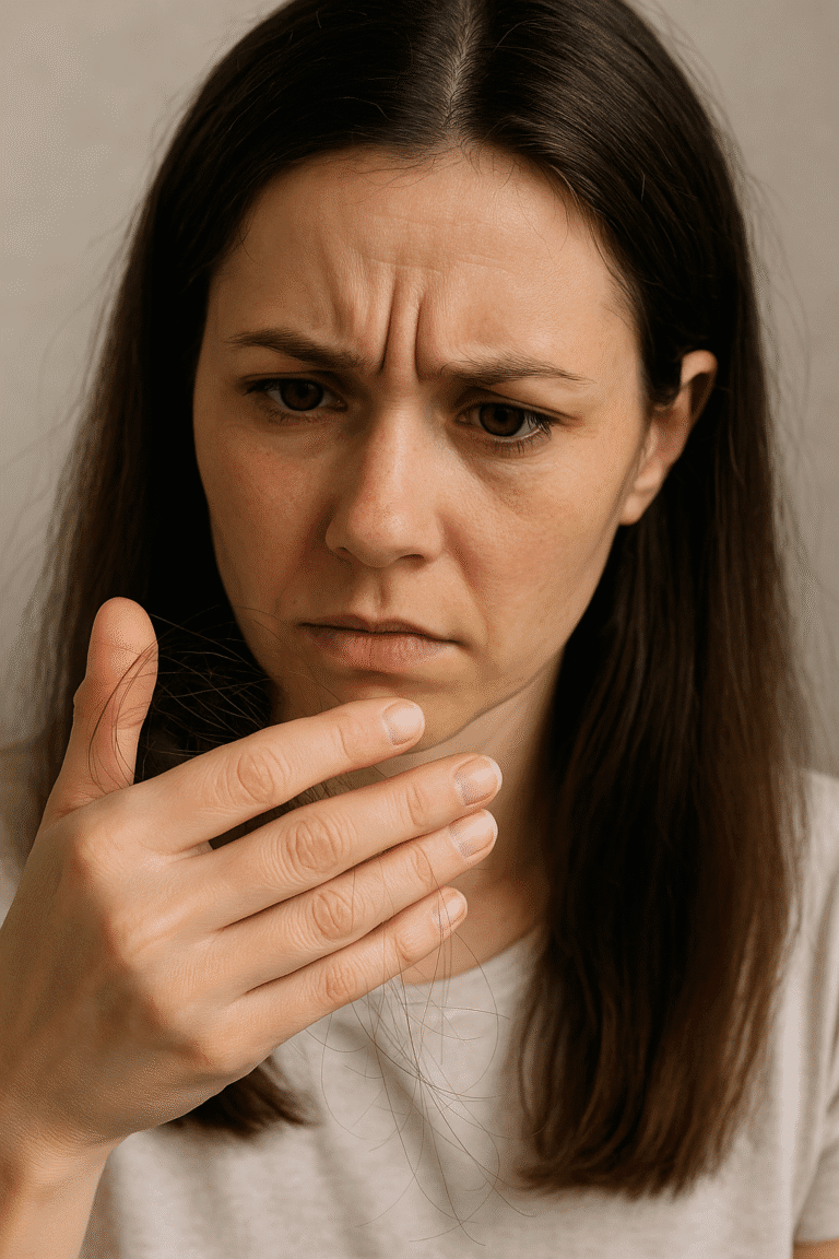 une femme qui tient des cheveux